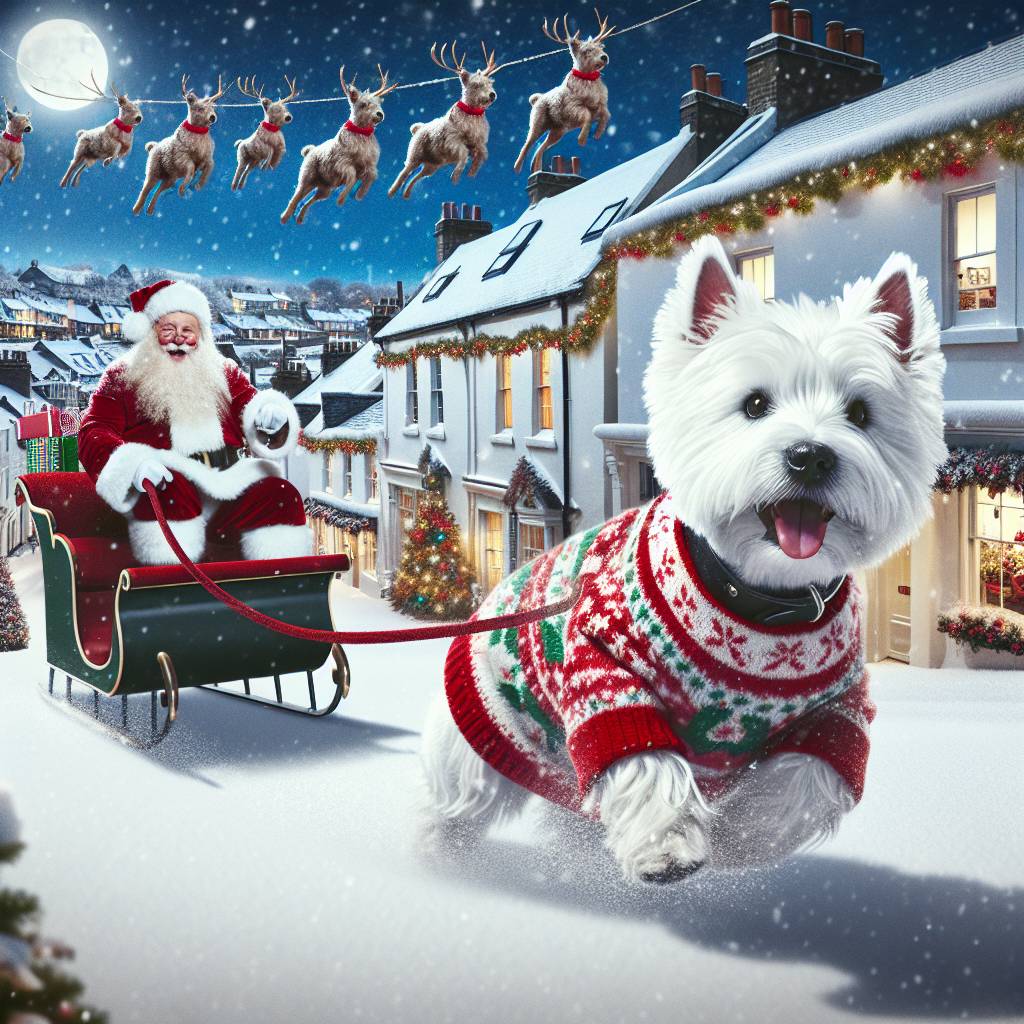 4) Christmas AI Generated Card - A cute white westie dog in a christmas jumper is pulling Santa in a sleigh over a christmas snowy scene of Brighton dropping presnts to the town below (9a3ef)