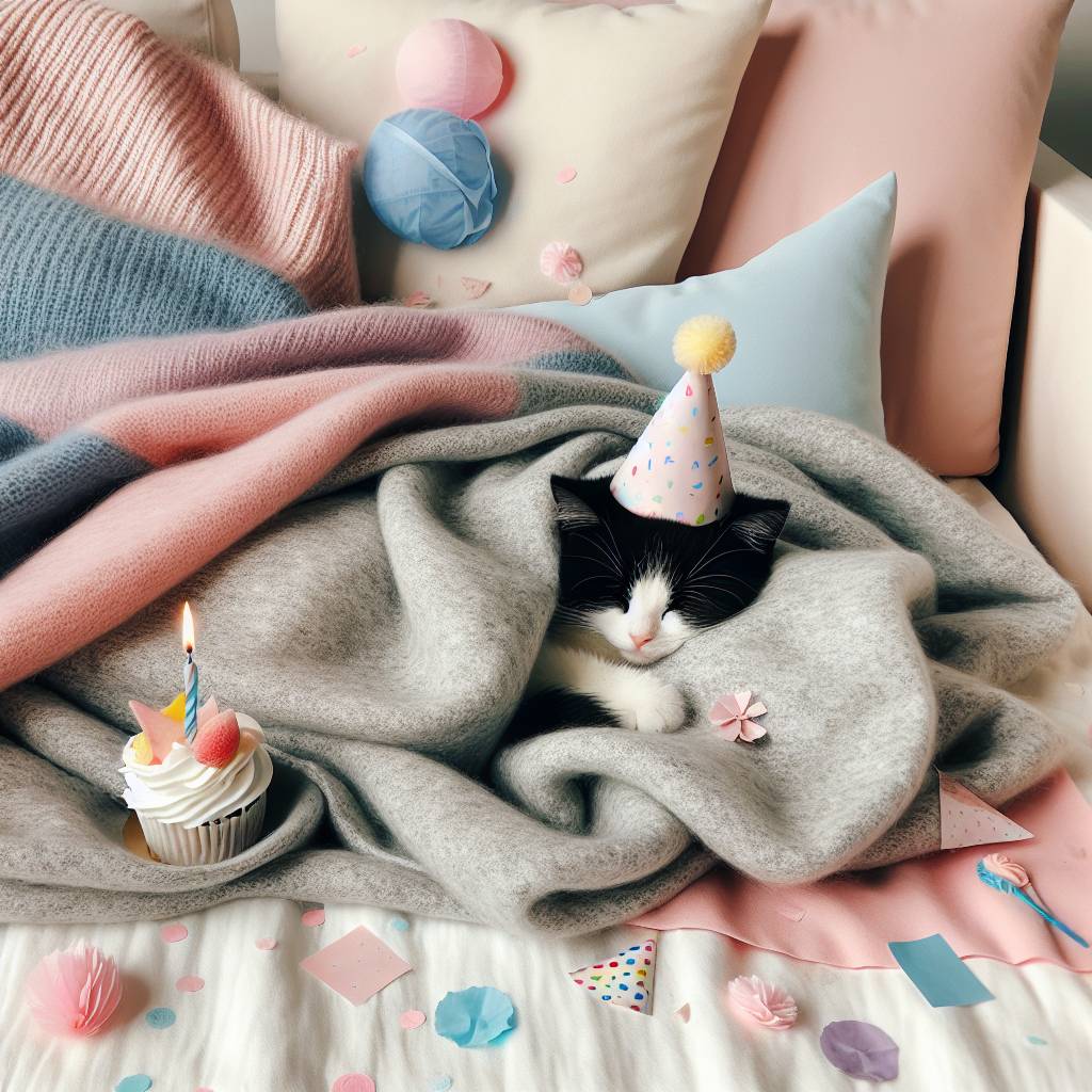1) Birthday AI Generated Card - Tuxedo cat, Blankets, and Naps (7d534)