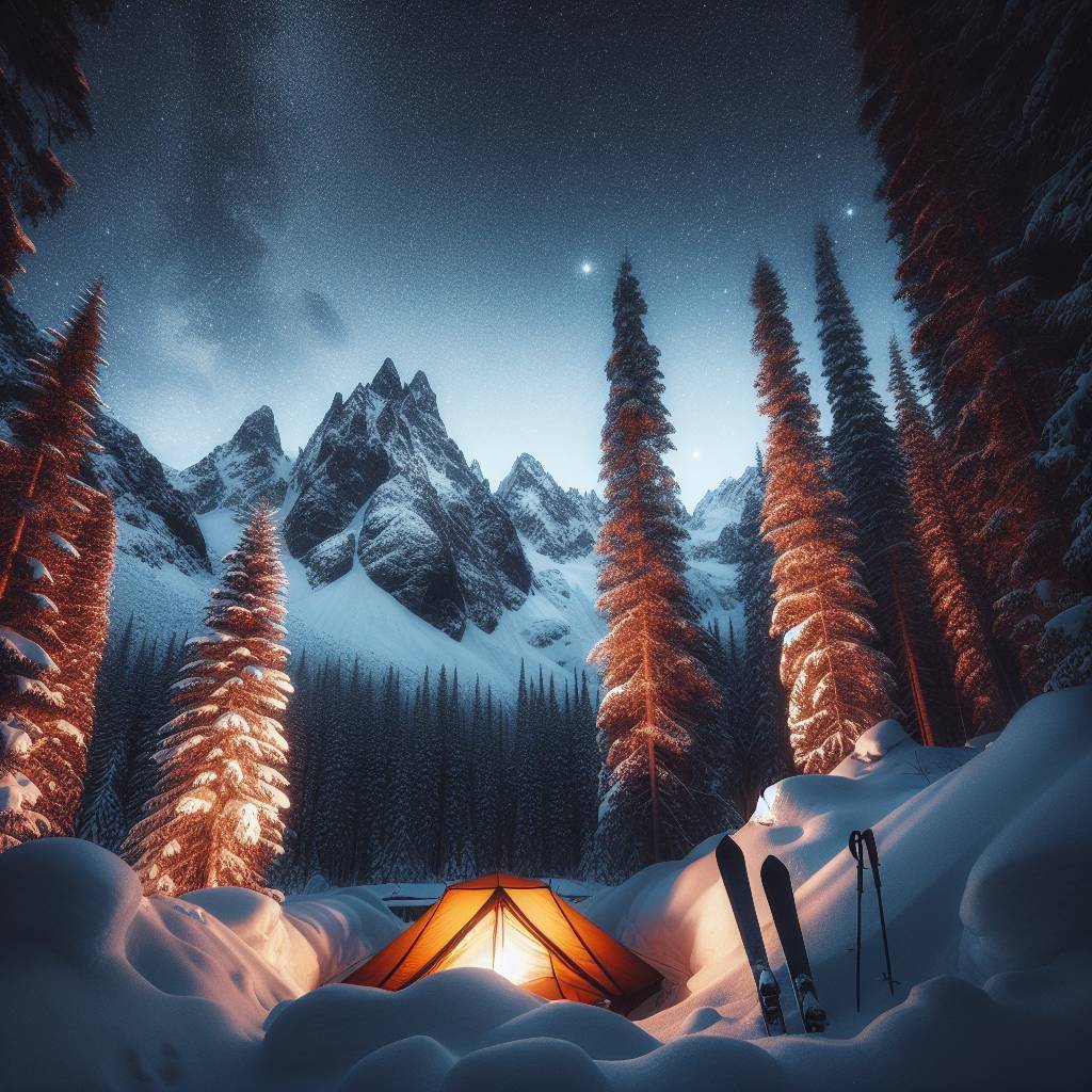 3) Christmas AI Generated Card - Snowy mountains with forest, Small tent with a campfire outside it, Starry sky, and Skis sticking out of snow next to tent (d6eeb)