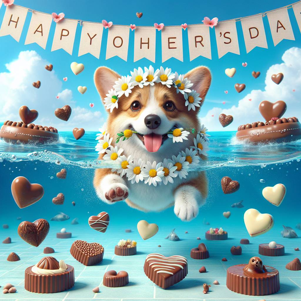 2) Mothers-day AI Generated Card - Swimming , Corgi, and Chocolate (59196)