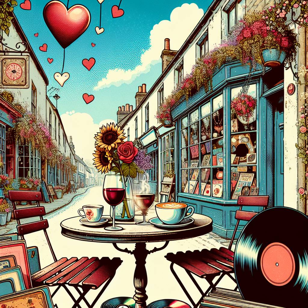 2) Valentines-day AI Generated Card - Table set for 2 outside a café, Vinyl records, English market town street, One glass of red wine and one cappuccino on the table, Sunflowers, Love, Blue sky, and Charity shops (6403f)