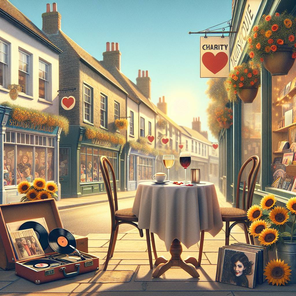 1) Valentines-day AI Generated Card - Table set for 2 outside a café, Vinyl records, English market town street, One glass of red wine and one cappuccino on the table, Sunflowers, Love, Blue sky, and Charity shops (65b96)