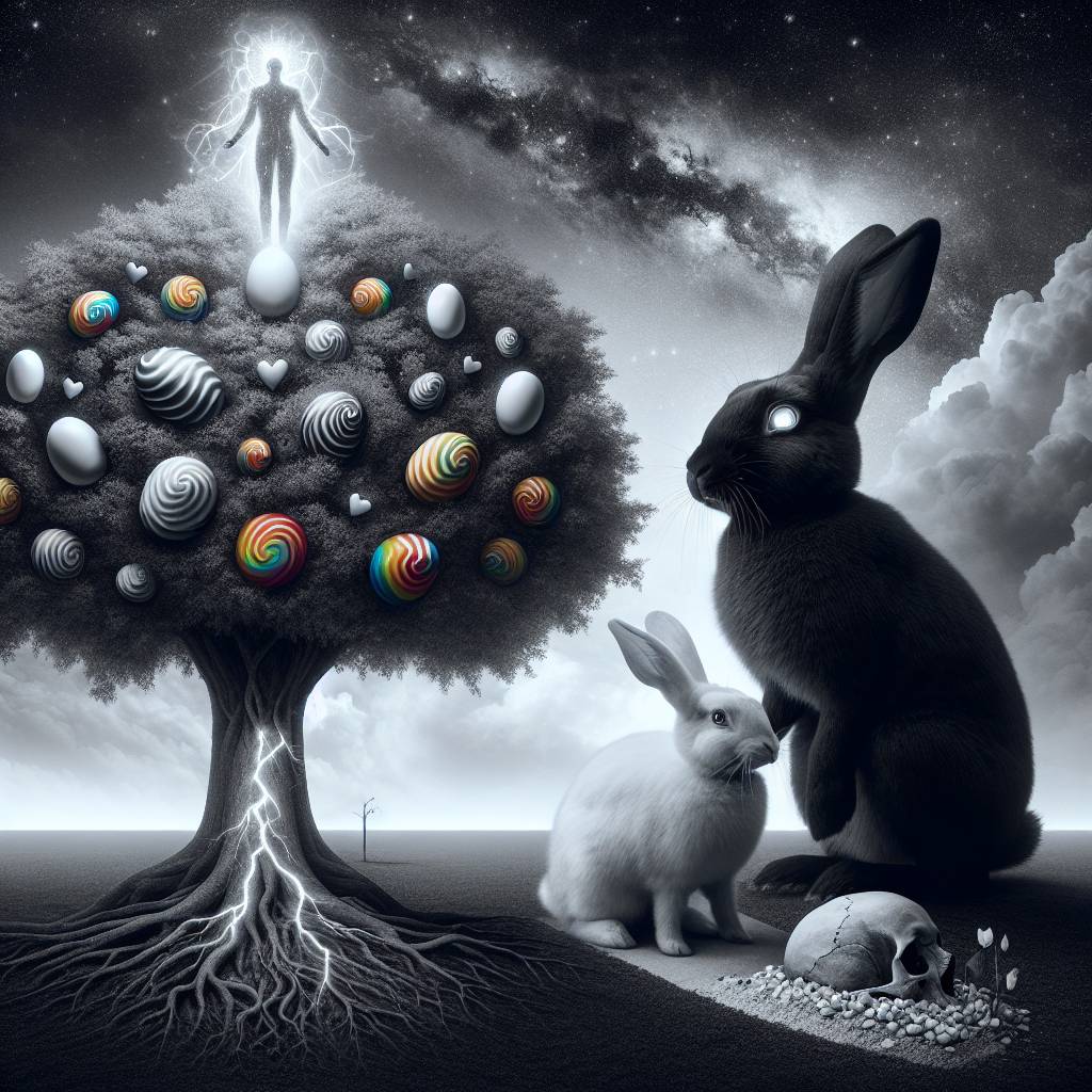 2) Anniversary AI Generated Card - White rabbit, Black rabbit, Tree, Sweeties, Skull, and Bowie (f0ded)