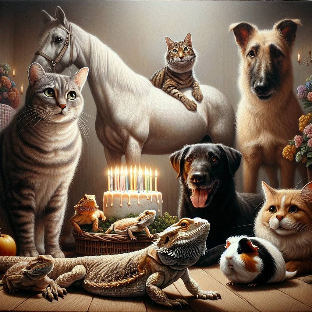 1) Birthday AI Generated Card - Tabby cat, 1 domestic shorthair grey cat, Bearded dragon, Palomino horse , Black Labrador , Brown Labrador , 1 fluffy guinea pig brown black and white, Guinea pig white brown and beige, Calico cat, and Fluffy tabby cat (cfbc1)