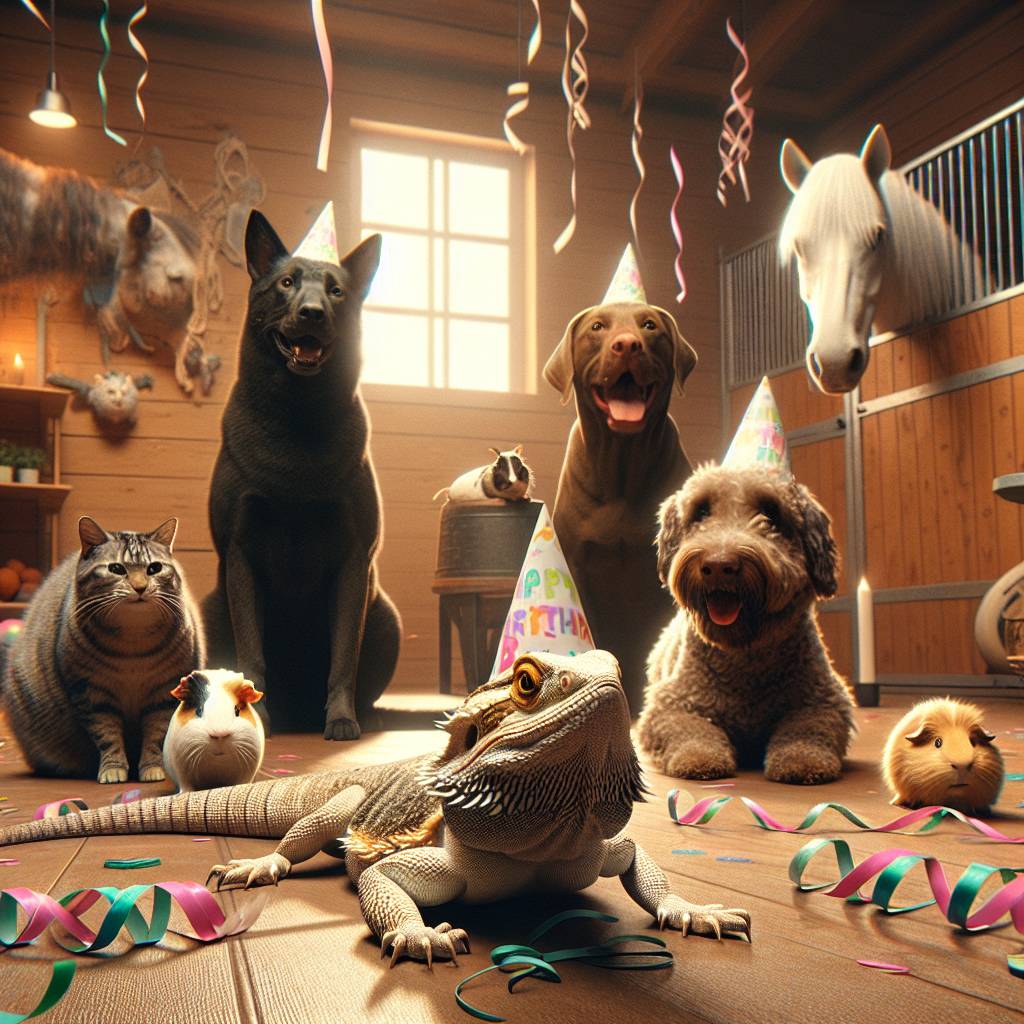 2) Birthday AI Generated Card - Tabby cat, 1 domestic shorthair grey cat, Bearded dragon, Palomino horse , Black Labrador , Brown Labrador , 1 fluffy guinea pig brown black and white, Guinea pig white brown and beige, Calico cat, and Fluffy tabby cat (f0f89)