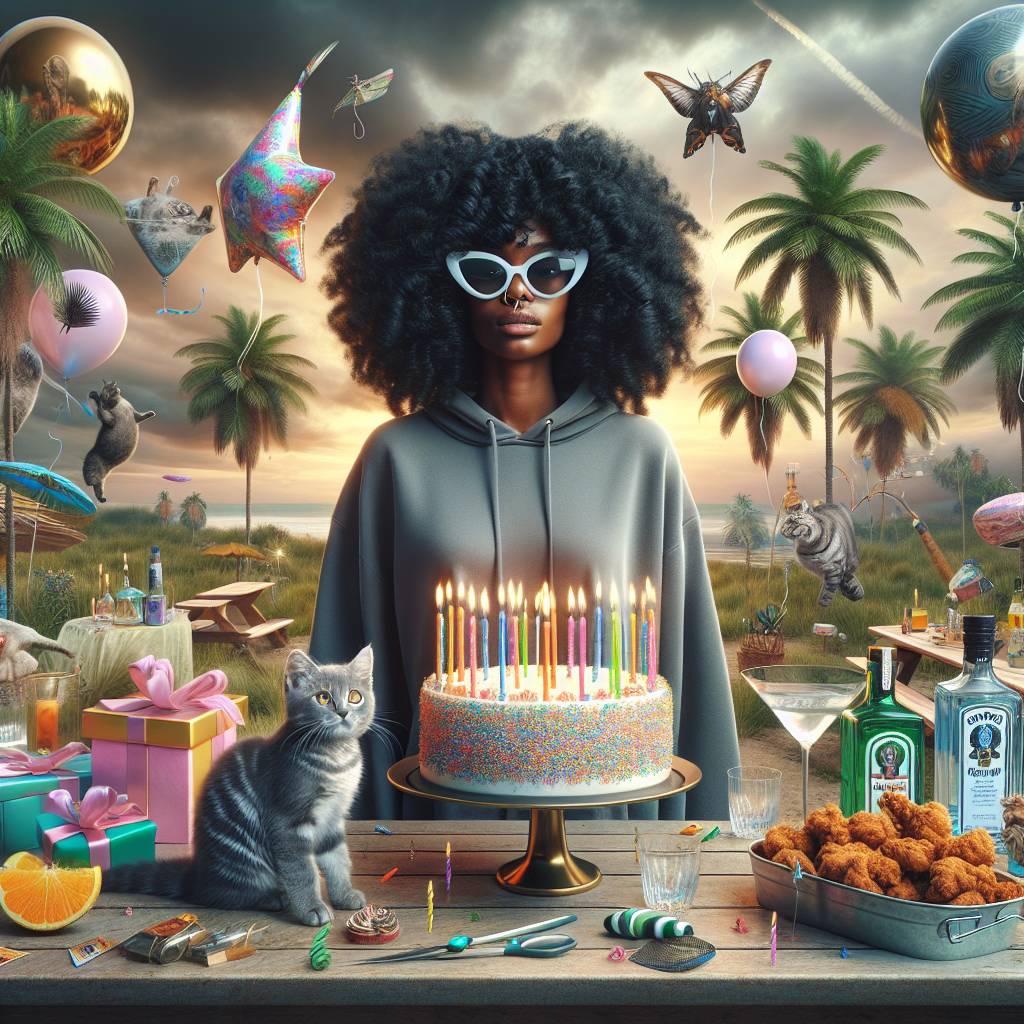 1) Birthday AI Generated Card - Mixed race black woman with really curly black hair wearing a hoodie, Tabby cat kitten, Sunglasses, Birthday cake celebration, Bottles of gin, Smoking marijuana weed cannabis, Presents and balloons, Sunglasses, Fried chicken KFC, and Palm trees outdoors (dce13)