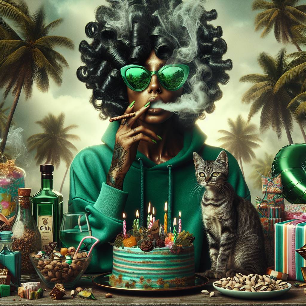 1) Birthday AI Generated Card - Mixed race medium brown black woman smoking weed with coil curly black hair wearing a green hoodie, Brown striped kitten, Birthday cake celebration, Green, Smoking marijuana weed cannabis, Presents and balloons, Sunglasses,  Bottles of gin, Pistachios chocolates cakes snack, and Palm trees outdoors (60309)