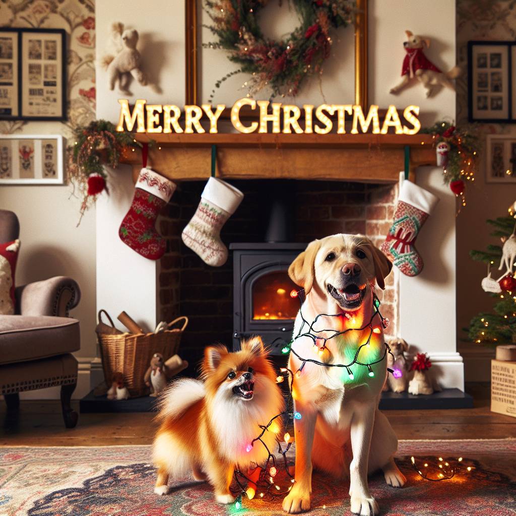 2) Christmas AI Generated Card - 11kg fox like small dog and a yellow labrador (5feda)