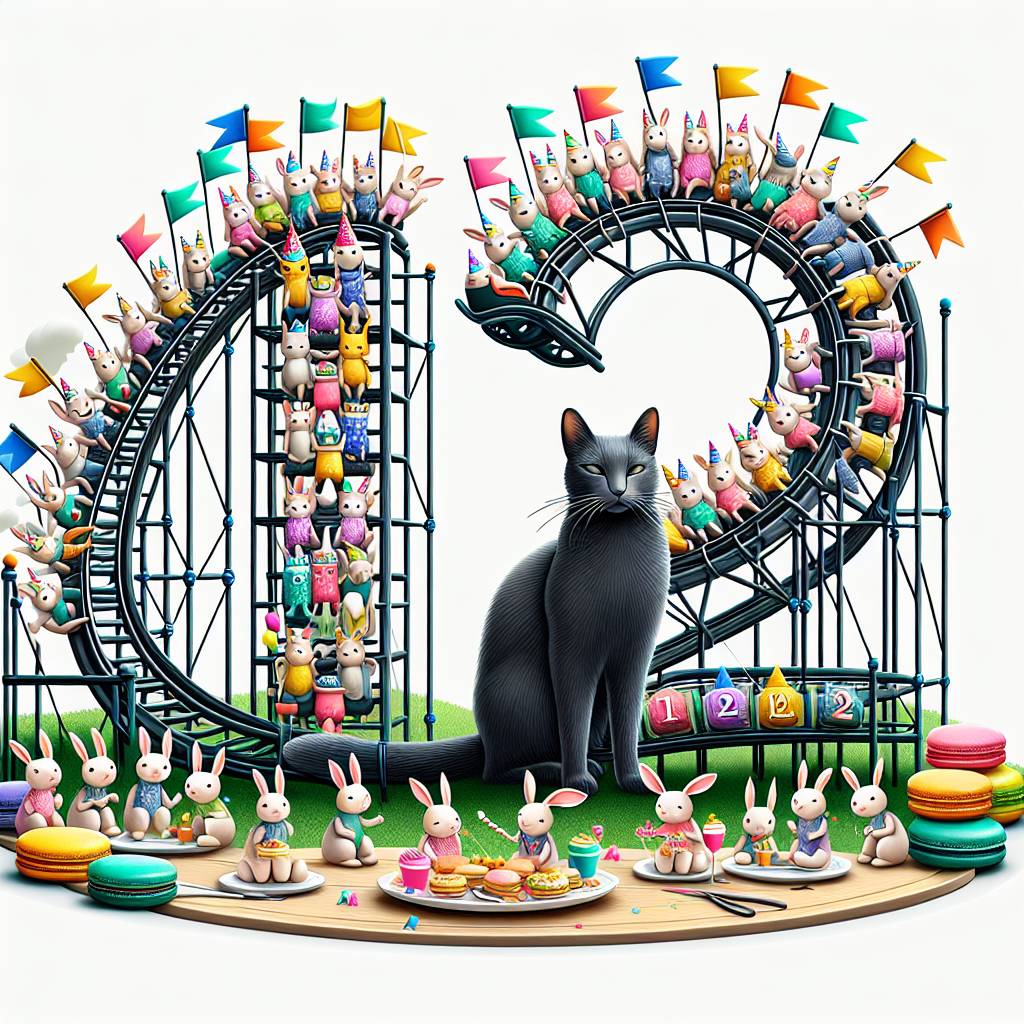 2) Birthday AI Generated Card - Black cat , Roller coaster , Rabbits , Macarons , and 12 (8c9b8)