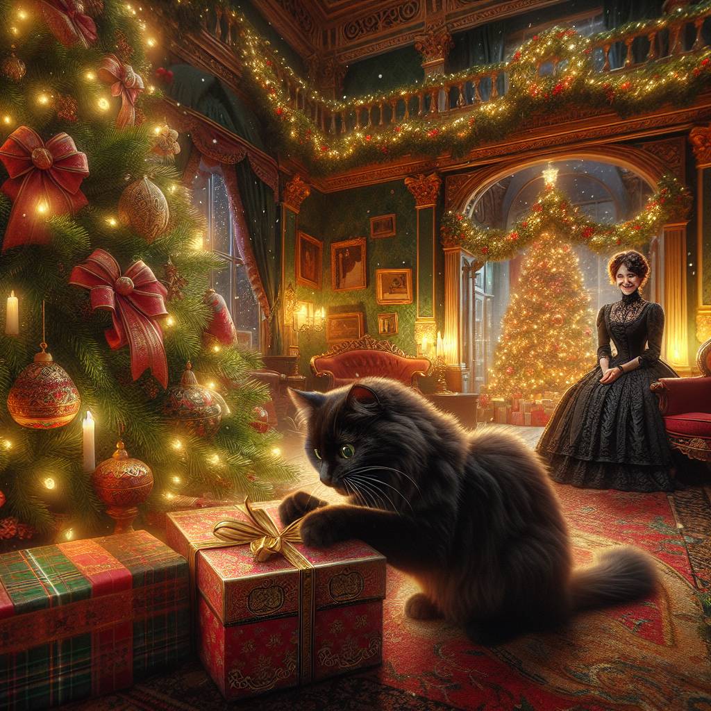 4) Christmas AI Generated Card - Black cat, Victorian house, and Long dark brown hair (0d061)})