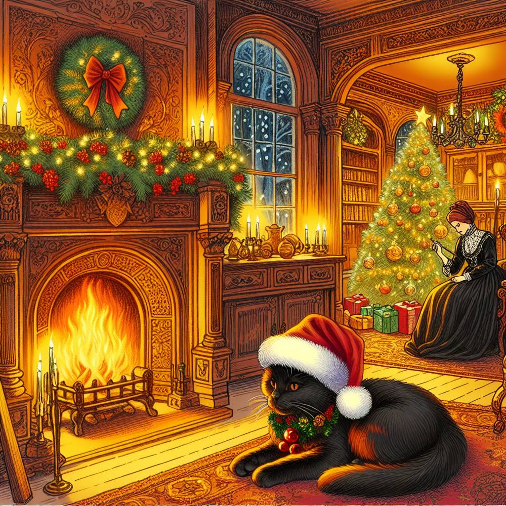 3) Christmas AI Generated Card - Black cat, Victorian house, and Long dark brown hair (5302c)})