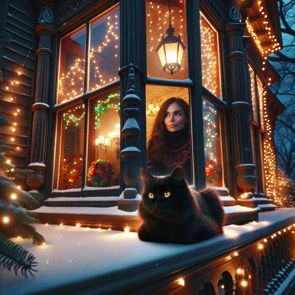 1) Christmas AI Generated Card - Black cat, Victorian house, and Long dark brown hair (b676a)})