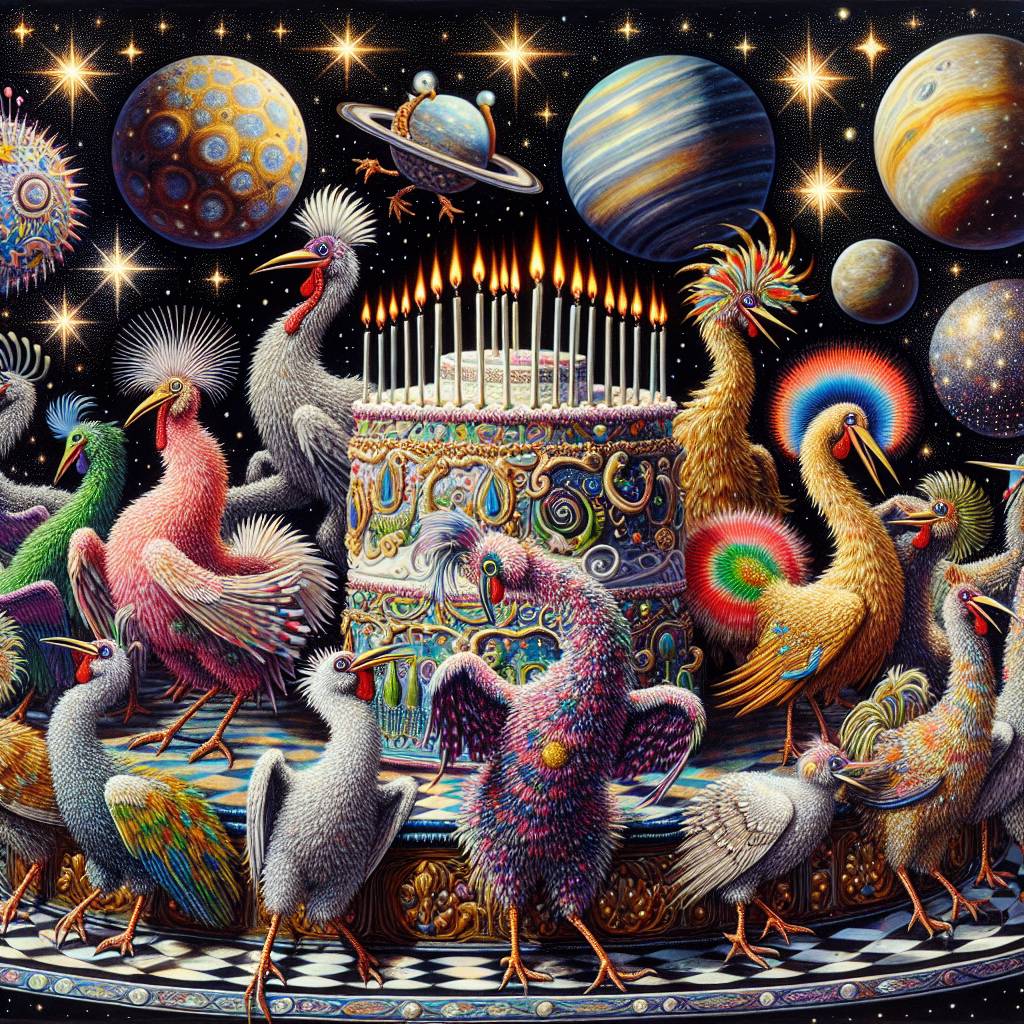 2) Birthday AI Generated Card - Birds, dancing, planets (dc9a8)