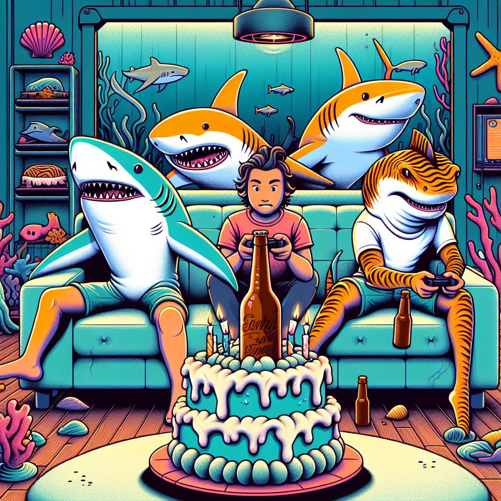 3) Birthday AI Generated Card - Sharks, Beer, and Games (afbb2)