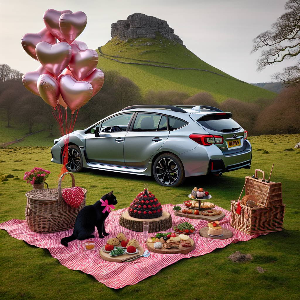 1) Valentines-day AI Generated Card - Light silver subaru impreza estate car, English countryside, Picnic, and Friendly black cat (e875e)