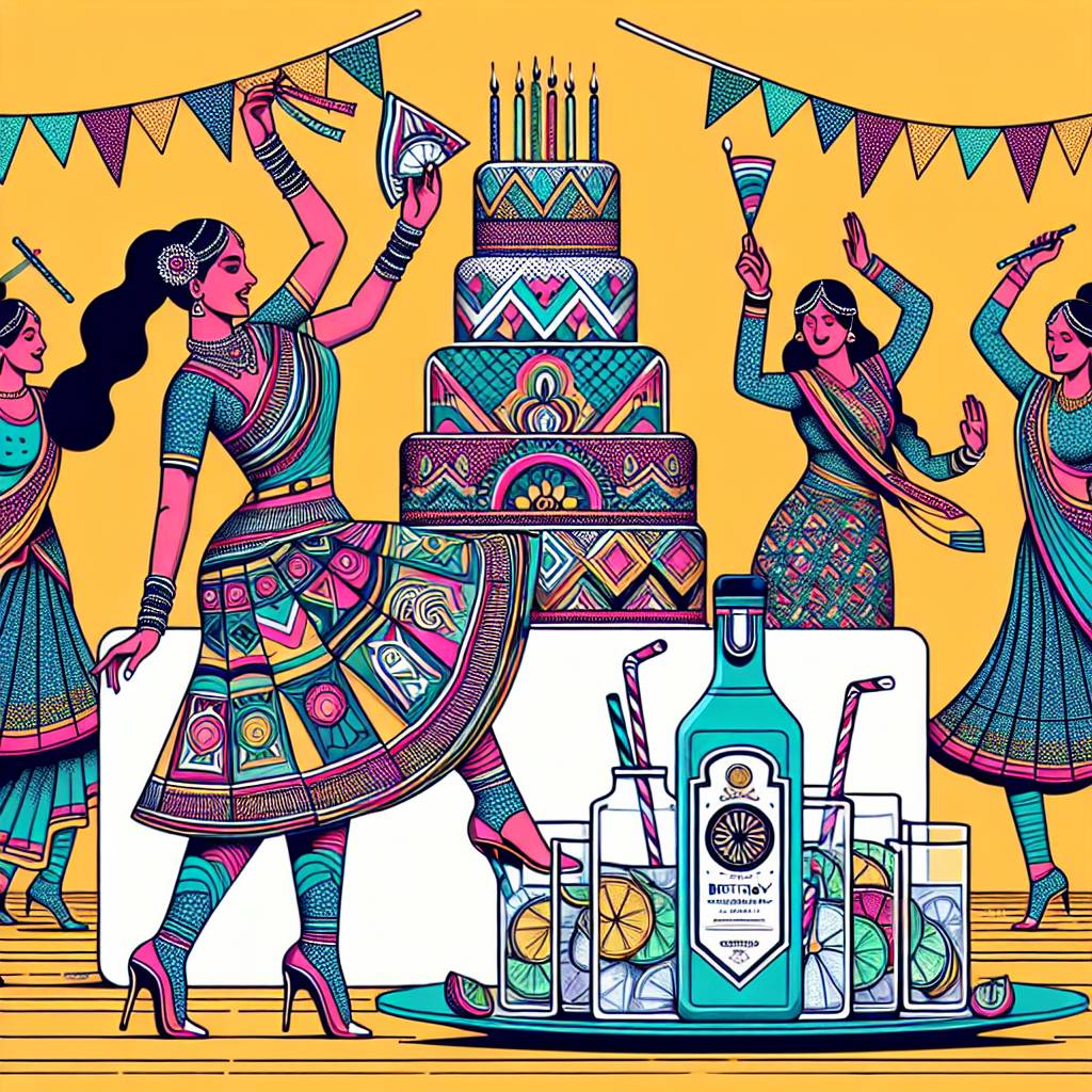 3) Birthday AI Generated Card - Indian Woman dancing, Orla kiely's pattern green dress and long socks, and Gin and tonic