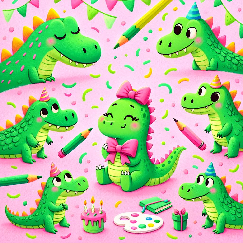 2) Birthday AI Generated Card - Pink, Green, Dinosaurs, Crocs, and Art (ecf50)