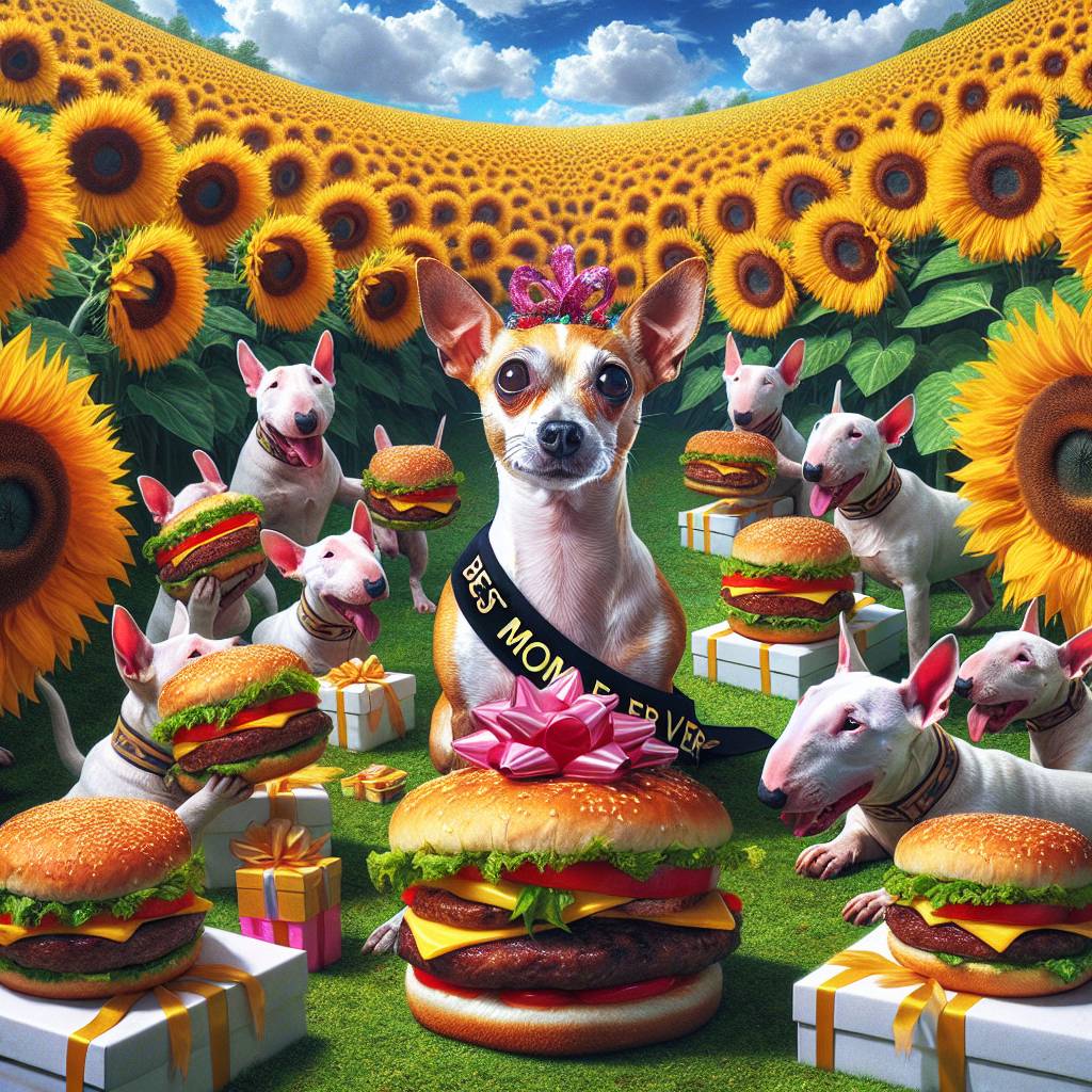 1) Mothers-day AI Generated Card - Chihuahua , White bull terrier , Sunflowers , and Burgers (14df1)