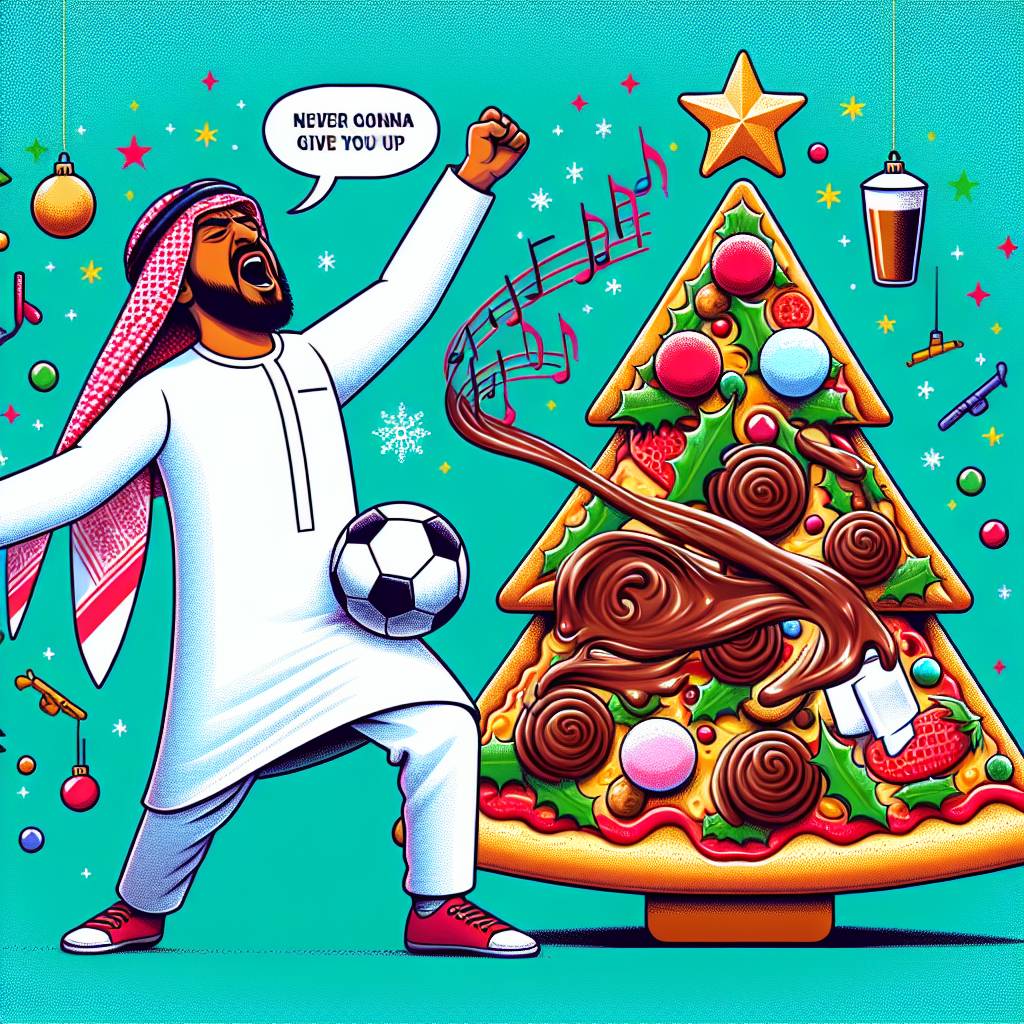 3) Christmas AI Generated Card - Nutella & Marshmallow pizza, Man singing never gonna give you up, and Soccer (ef6bb)})