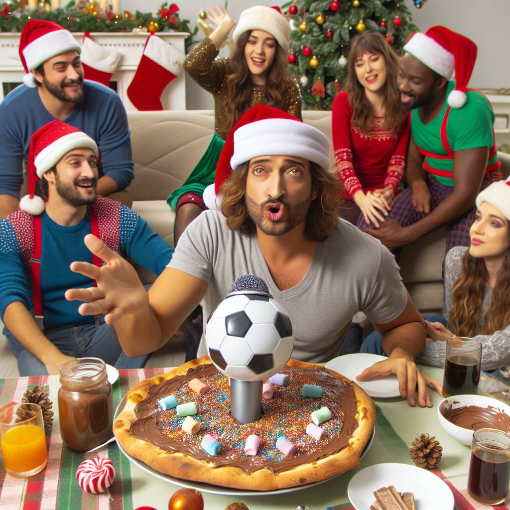 4) Christmas AI Generated Card - Nutella & Marshmallow pizza, Man singing never gonna give you up, and Soccer (69952)})