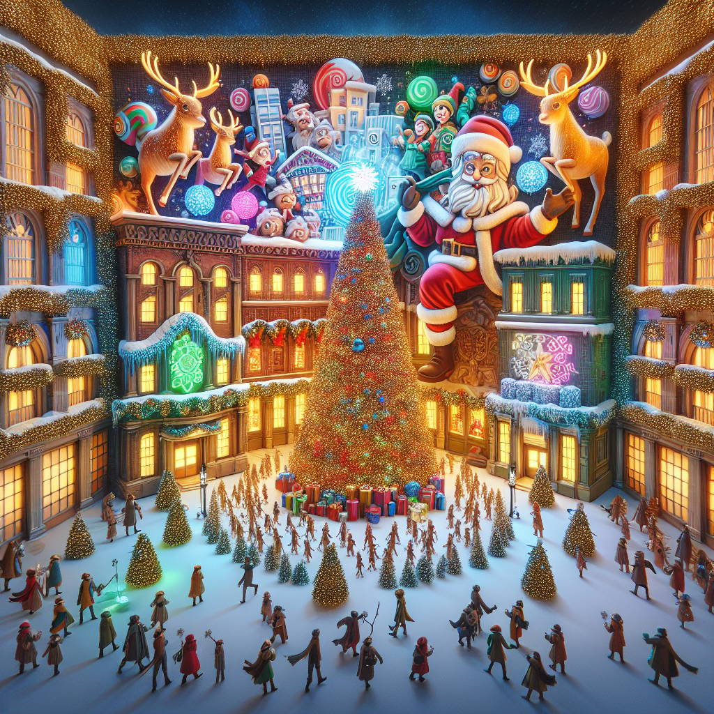 4) Christmas AI Generated Card - Media city studio building , Christmas tree in the plaza, Manchester , Santa , Elves in crowd watching , Decorations , Presents , and Reindeer  (8adde)