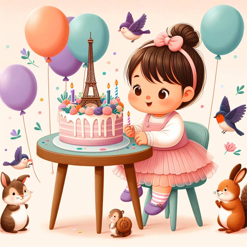 4) Birthday AI Generated Card - 1 year old baby girl, Paris, and Animals