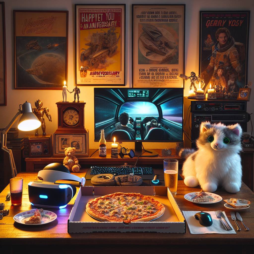 1) Anniversary AI Generated Card - White and tabby cat, Pizza, Star Trek, Gaming, VR, and Back to the Future (9d88d)
