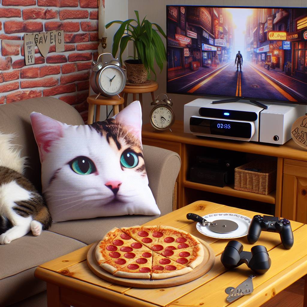 2) Anniversary AI Generated Card - White and tabby cat, Pizza, Star Trek, Gaming, VR, and Back to the Future (83d3b)