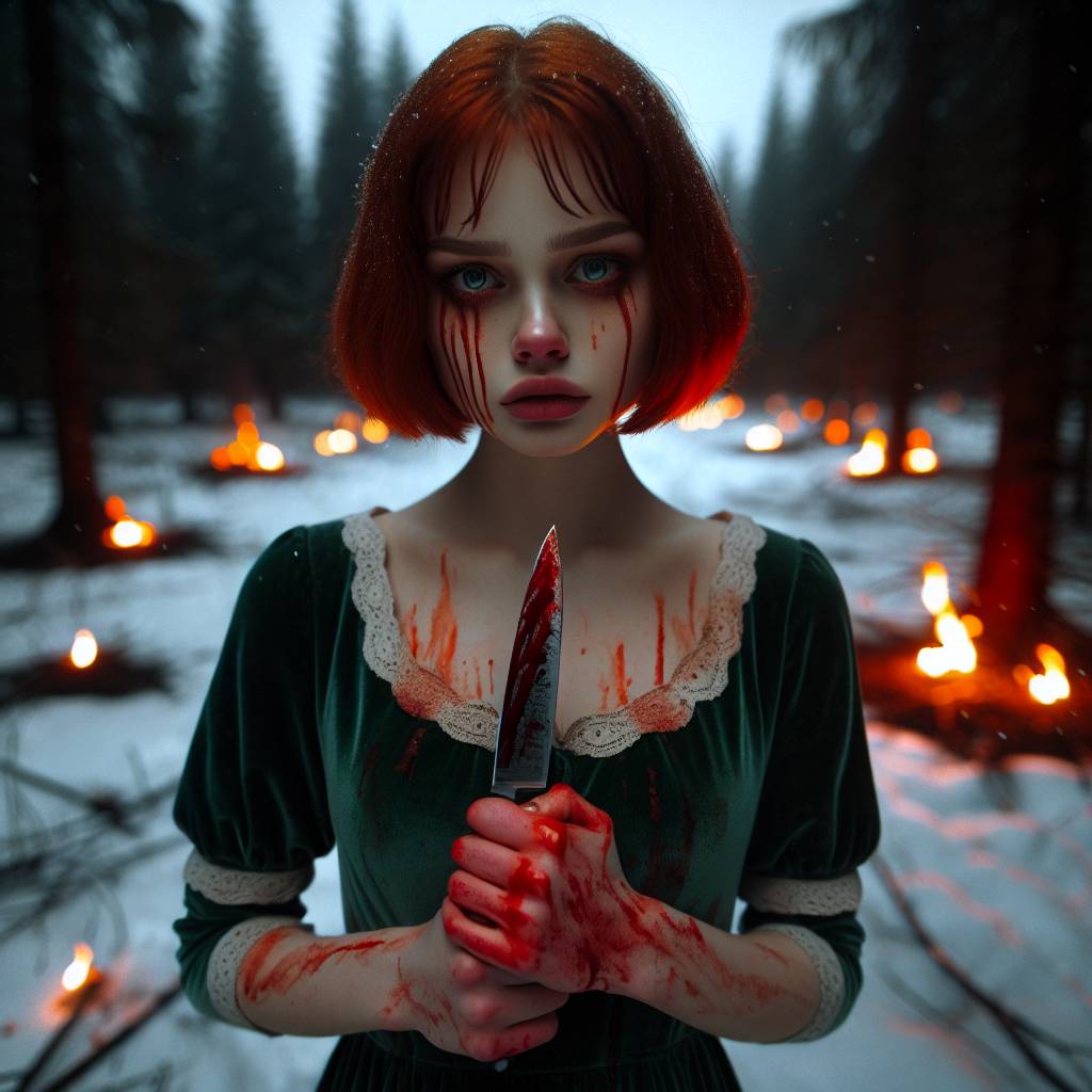 1) Christmas AI Generated Card - Crying 20 year old girl, short red hair, bloodstained green minidress, holding a knife, burning trees, bloodstained snow. (7bc71)