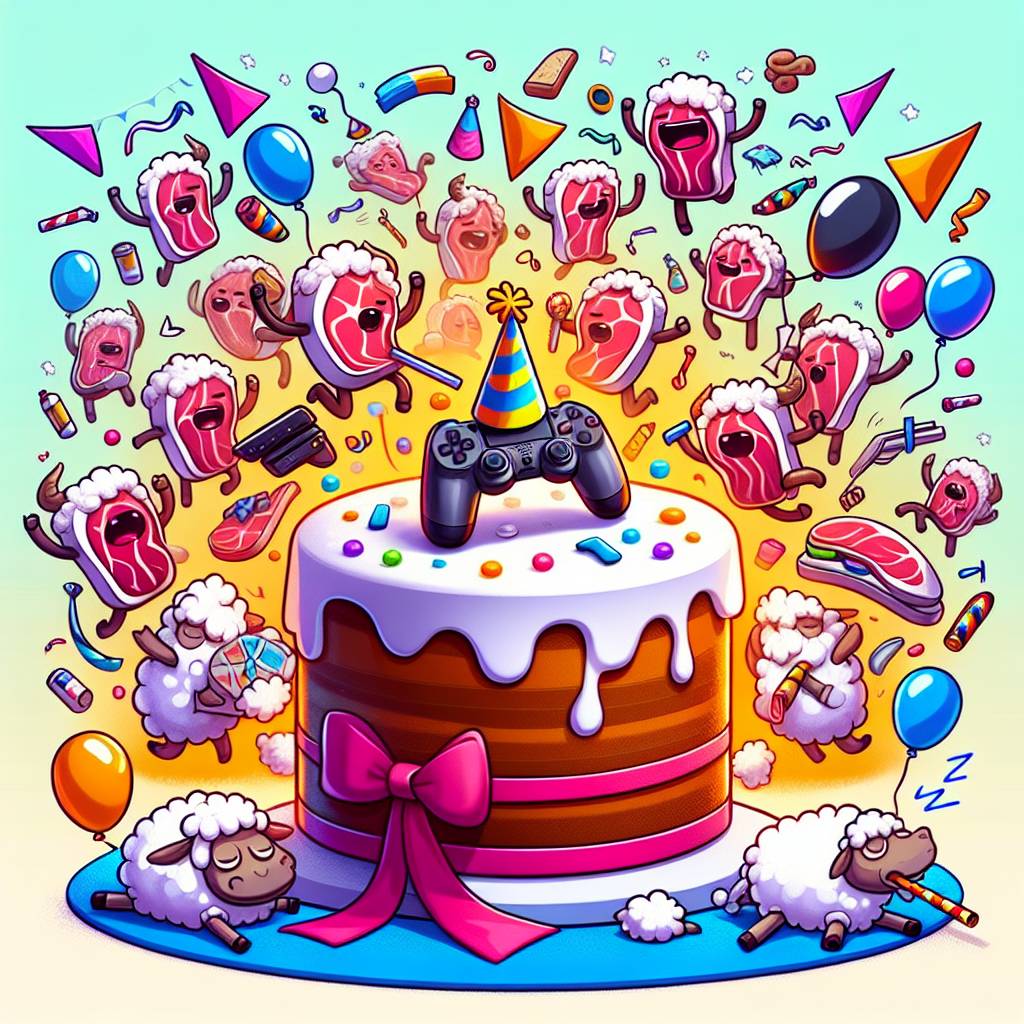 2) Birthday AI Generated Card - Cake, Ps5, Meat, and Sleep (63a09)