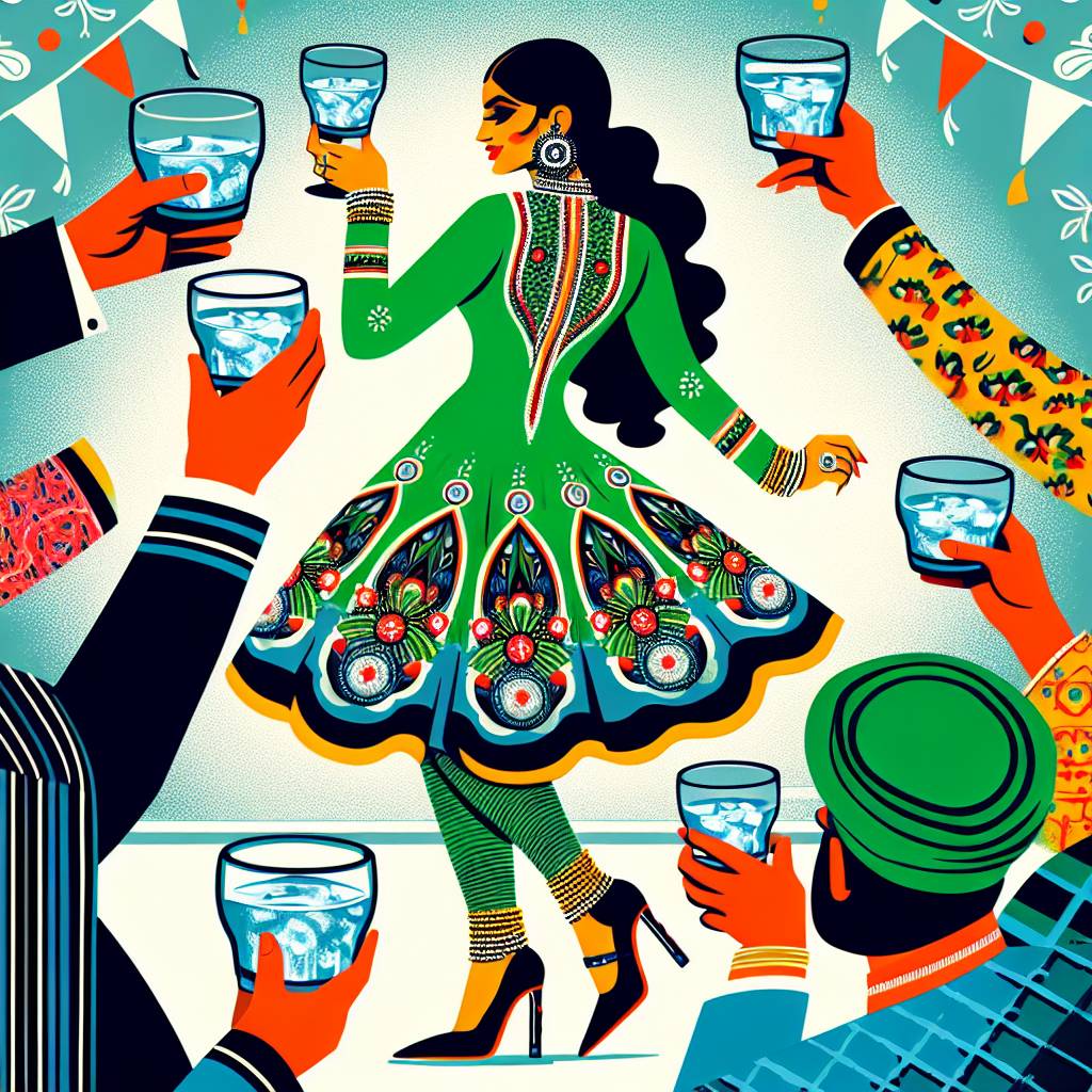 2) Birthday AI Generated Card - Indian Woman dancing, Orla Kiely's pattern green dress, long socks and wide hell shoes, and Bombay sapphire gin