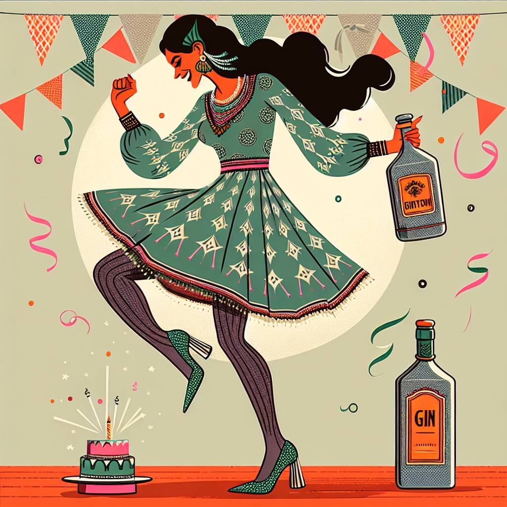 3) Birthday AI Generated Card - Indian Woman dancing, Orla Kiely's pattern green dress, long socks and wide hell shoes, and Bombay sapphire gin