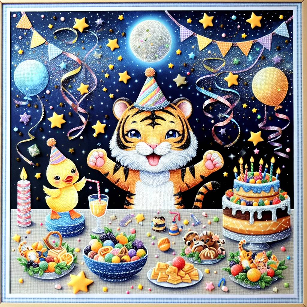 2) Birthday AI Generated Card - Tiger, Duck, Food, Music, and Stars (8fe11)