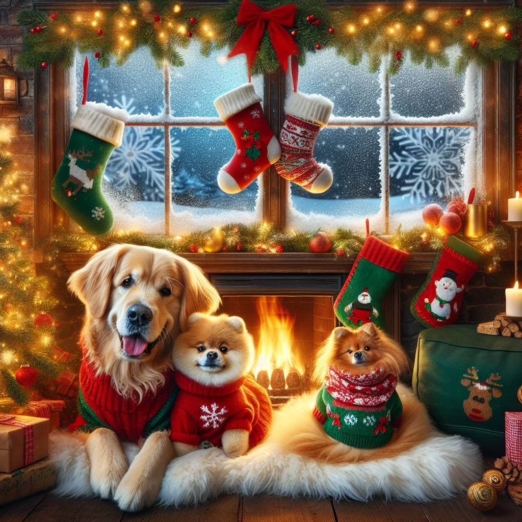 1) Christmas AI Generated Card - Golden retriever, and Pomeranian dog (71535)