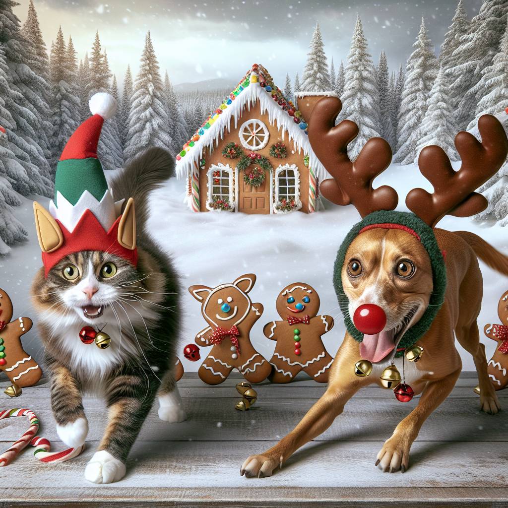 1) Christmas AI Generated Card - Cats dressed like elves chasing dogs dressed like reindeer  (52555)