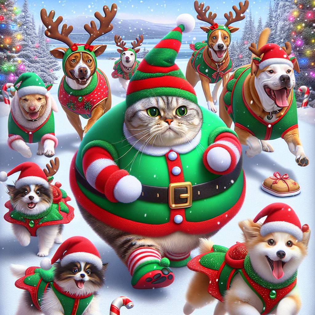 2) Christmas AI Generated Card - Cats dressed like elves chasing dogs dressed like reindeer  (32238)
