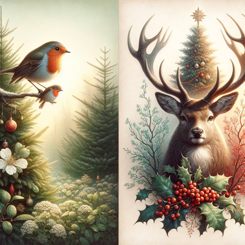 1) Easter AI Generated Card - Robin, Stag, Christmas tree, and Holly trees with berries (77890)