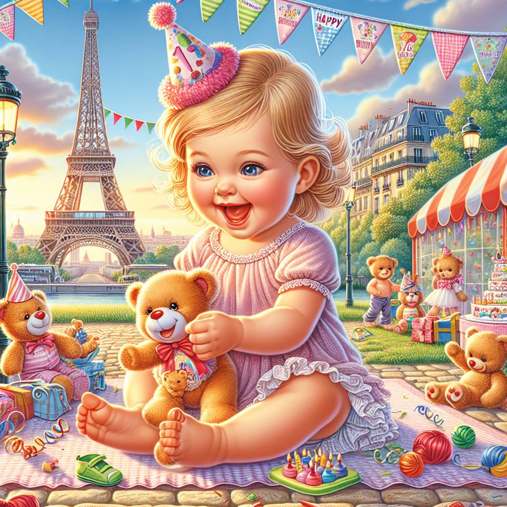 1) Birthday AI Generated Card - 1 year old baby, Paris, and Stuffed animals