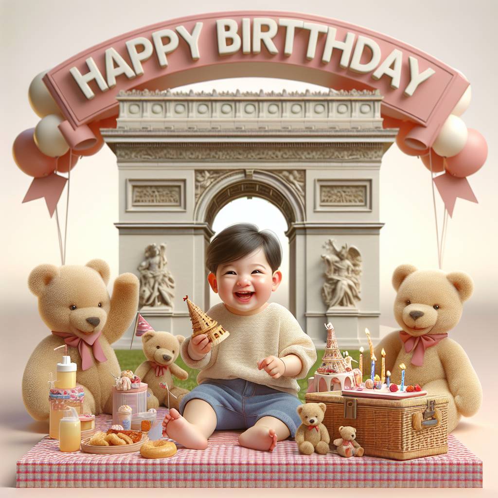 4) Birthday AI Generated Card - 1 year old baby, Paris, and Stuffed animals