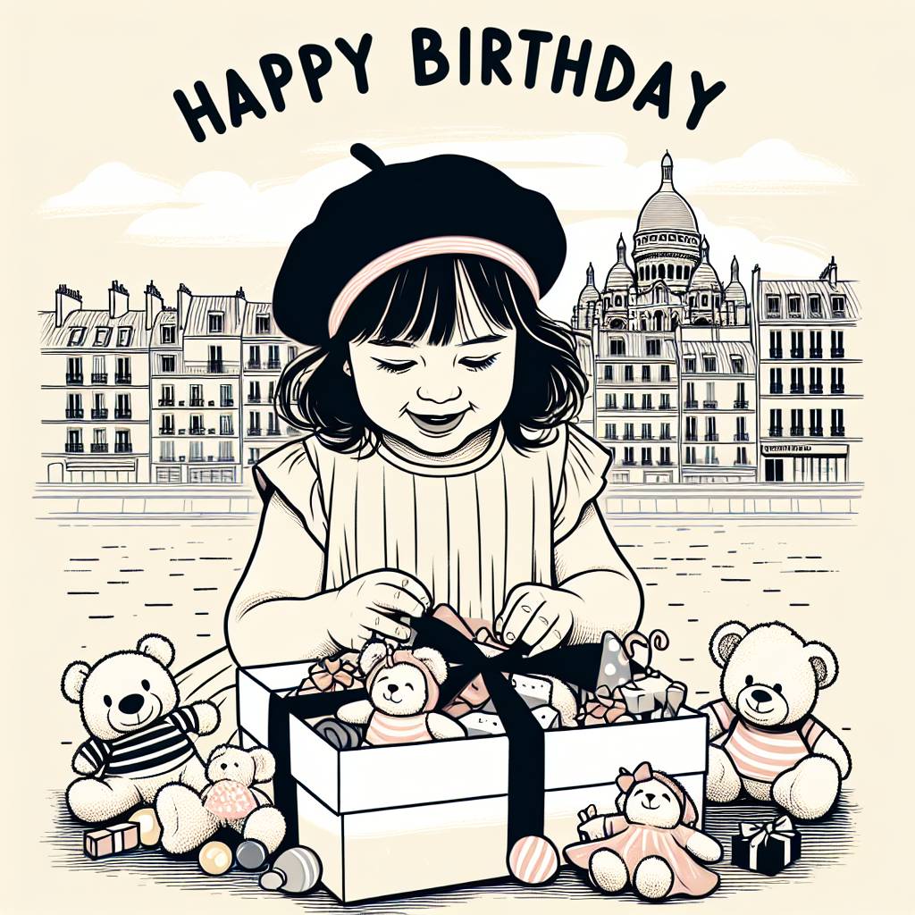 3) Birthday AI Generated Card - 1 year old baby, Paris, and Stuffed animals