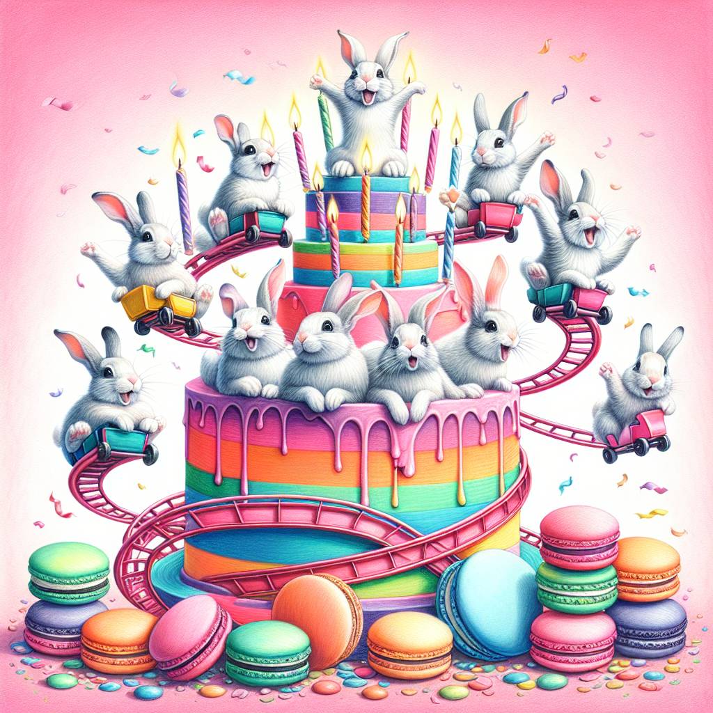 1) Birthday AI Generated Card - 12, Rabbits, Roller coasters, and Macarons (796ee)