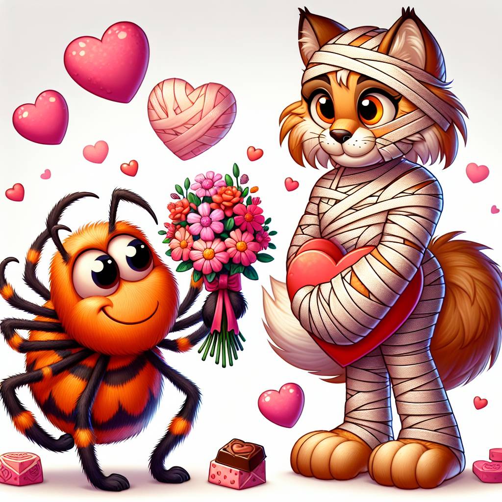 1) Valentines-day AI Generated Card - Spider animal, Colour orange, Mummy, and Lynx animal (466f8)