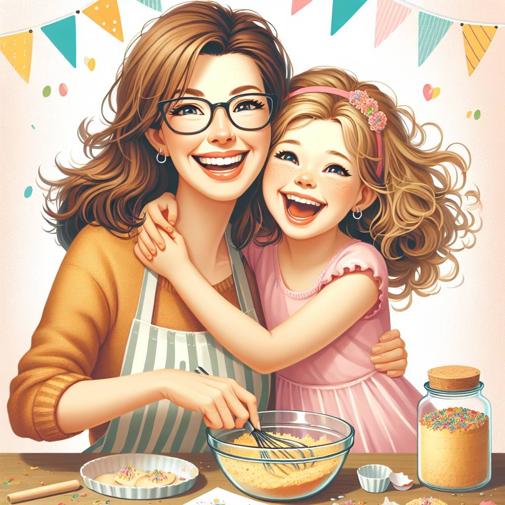 2) Birthday AI Generated Card - Mother and daughter baking. Mother is white with brown shoulder length hair and glasses, daughter is white with curly blonde shoulder length hair. They are laughing and cuddling (ba8e4)