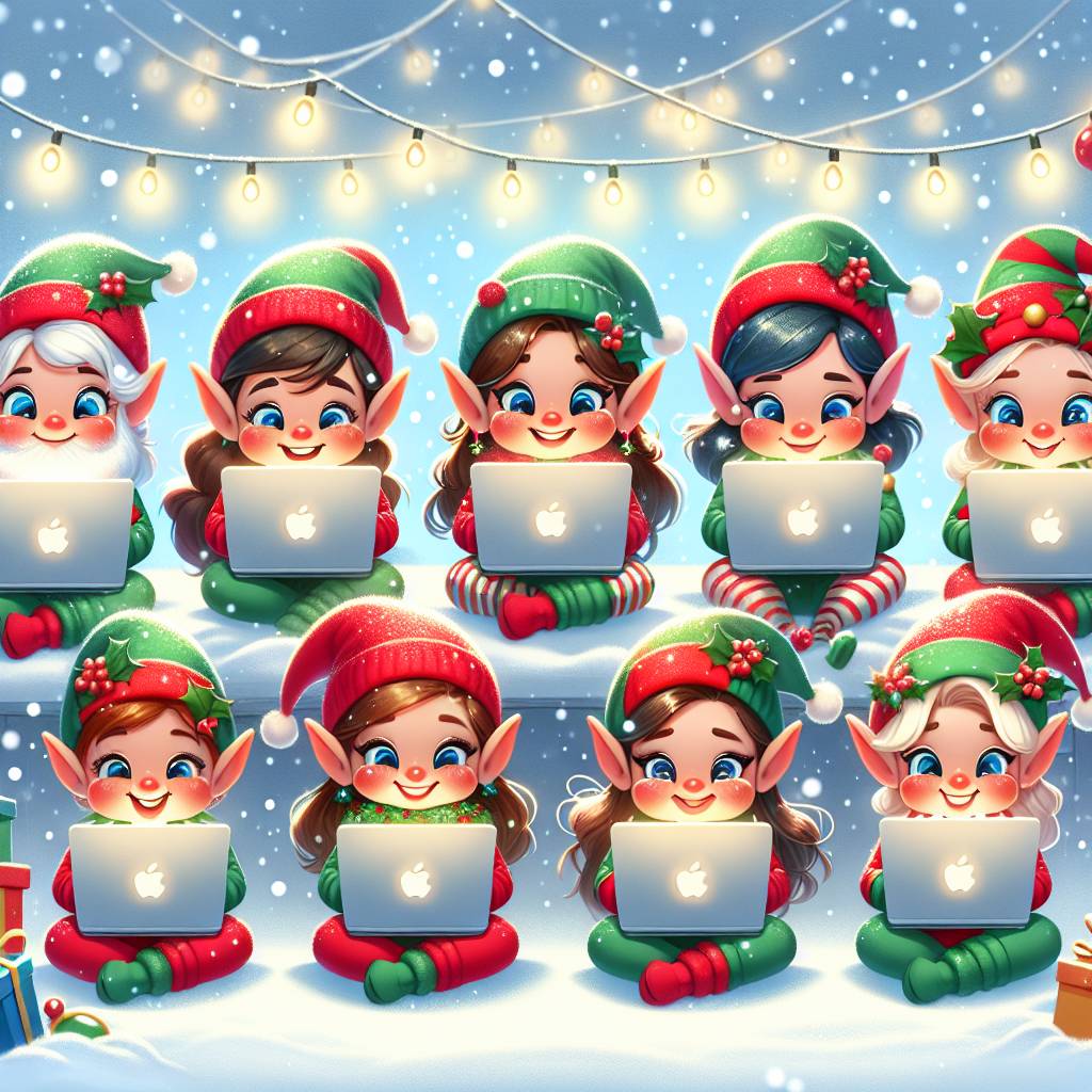1) Christmas AI Generated Card - 12 elves on laptops (ad708)