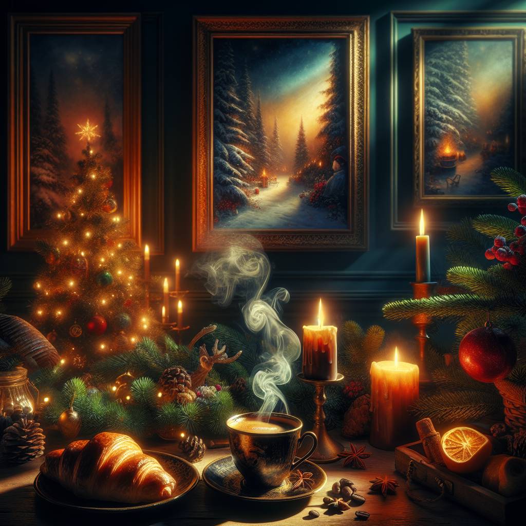 1) Christmas AI Generated Card - Delicious croissant with an aromatic italian coffee in a magical atmosphere (05060)