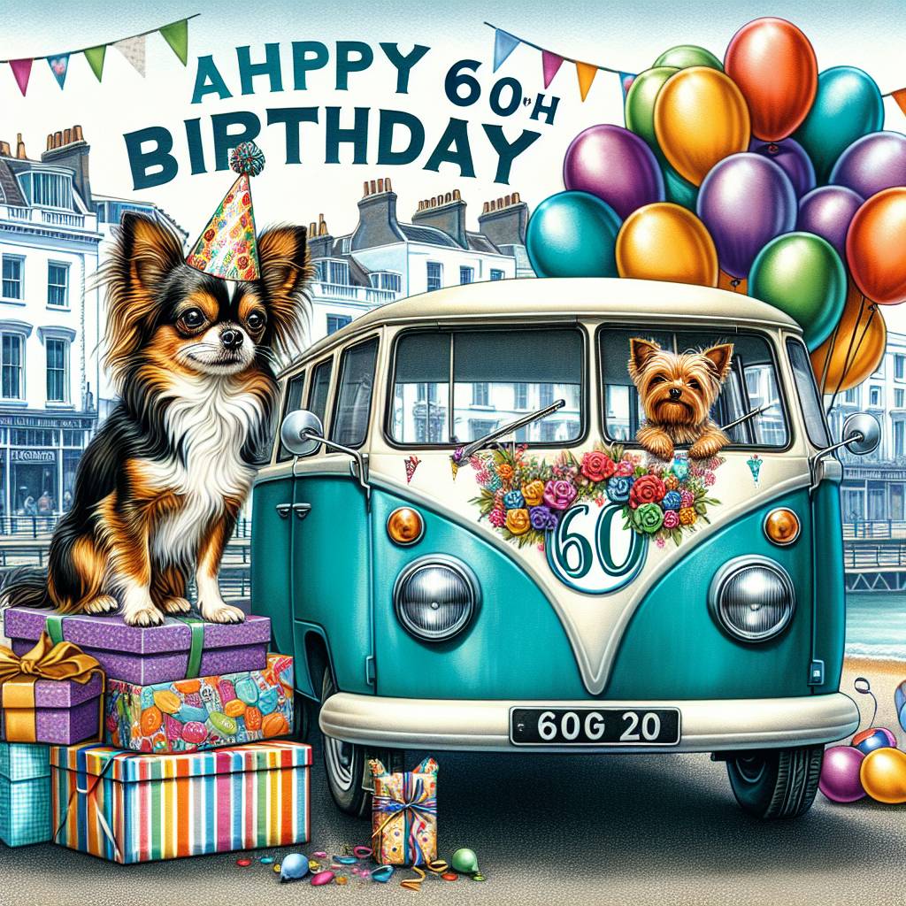1) Birthday AI Generated Card - Turquoise campervan, Brown & white chihuahua, Yorkshire terrier, Brighton & hove, and 60th (1cf3c)