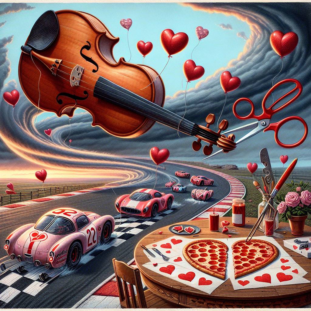 1) Valentines-day AI Generated Card - Racecars, Violin, Scissors, Pizza, and Hurricane (040a8)