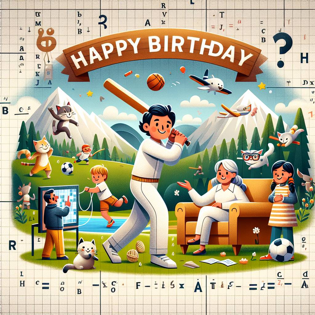 1) Birthday AI Generated Card - Playing cricket sport, Cats, Mathematics, Crosswords, Football, Watching TV with family, and Walking in the mountains (5e1d1)