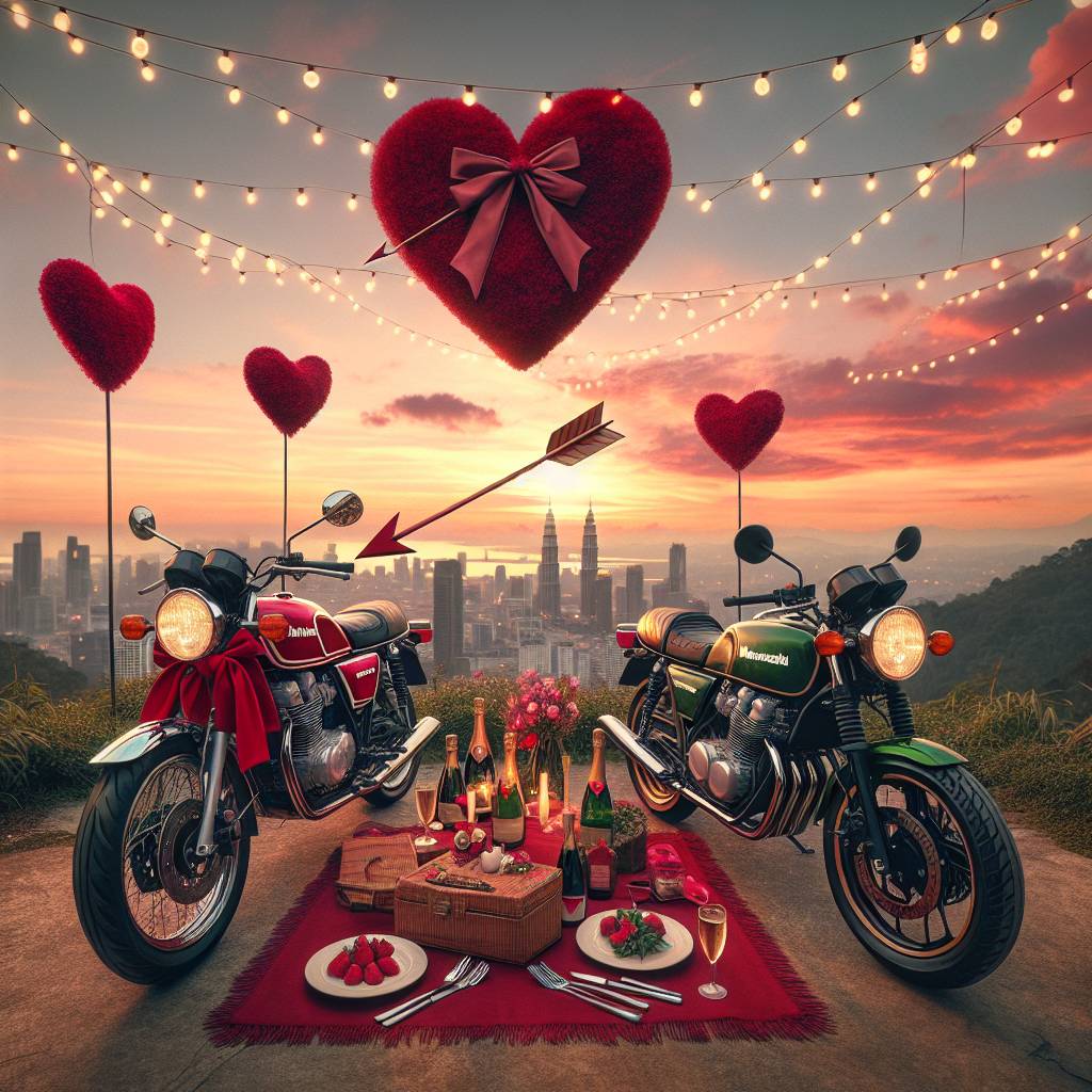 2) Valentines-day AI Generated Card - Red classic Kawasaki motorbike, and Green sports Kawasaki motorbike (7347c)
