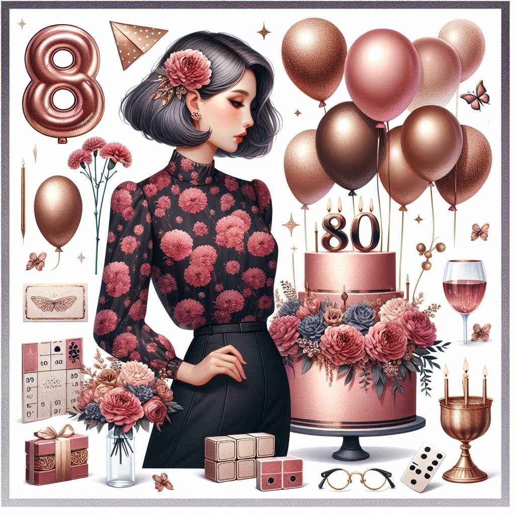 1) Birthday AI Generated Card - 80 flowers birthday cake, Grey bob with fringe, Burgundy flower blouse, Black trousers, Rose gold carnations, Rose gold balloons, Cards, Jigsaw, Dominoes, Trophy, and Gold glasses (7d476)